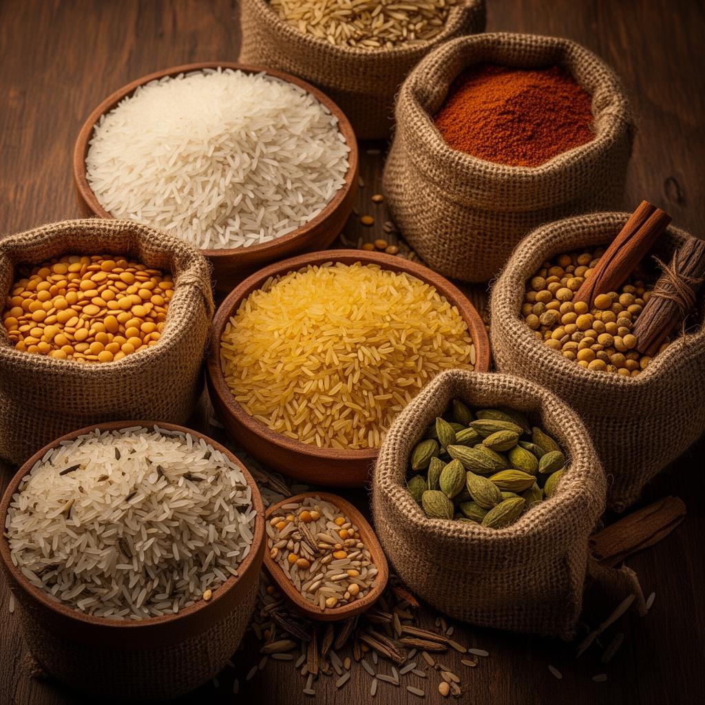 Assorted Indian rice and grocery varieties